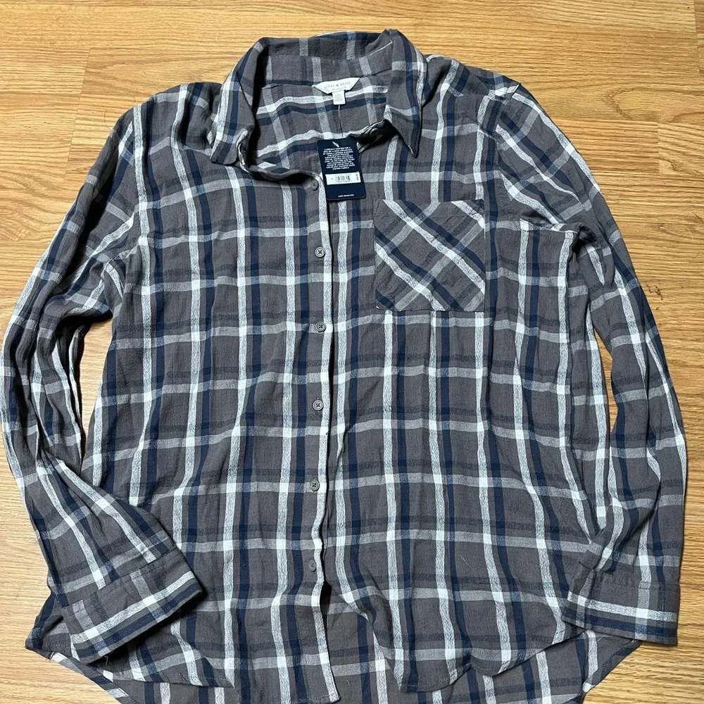 NWT Lucky Brand Flannel Button Down (gray, navy, white) - Picture 1 of 10